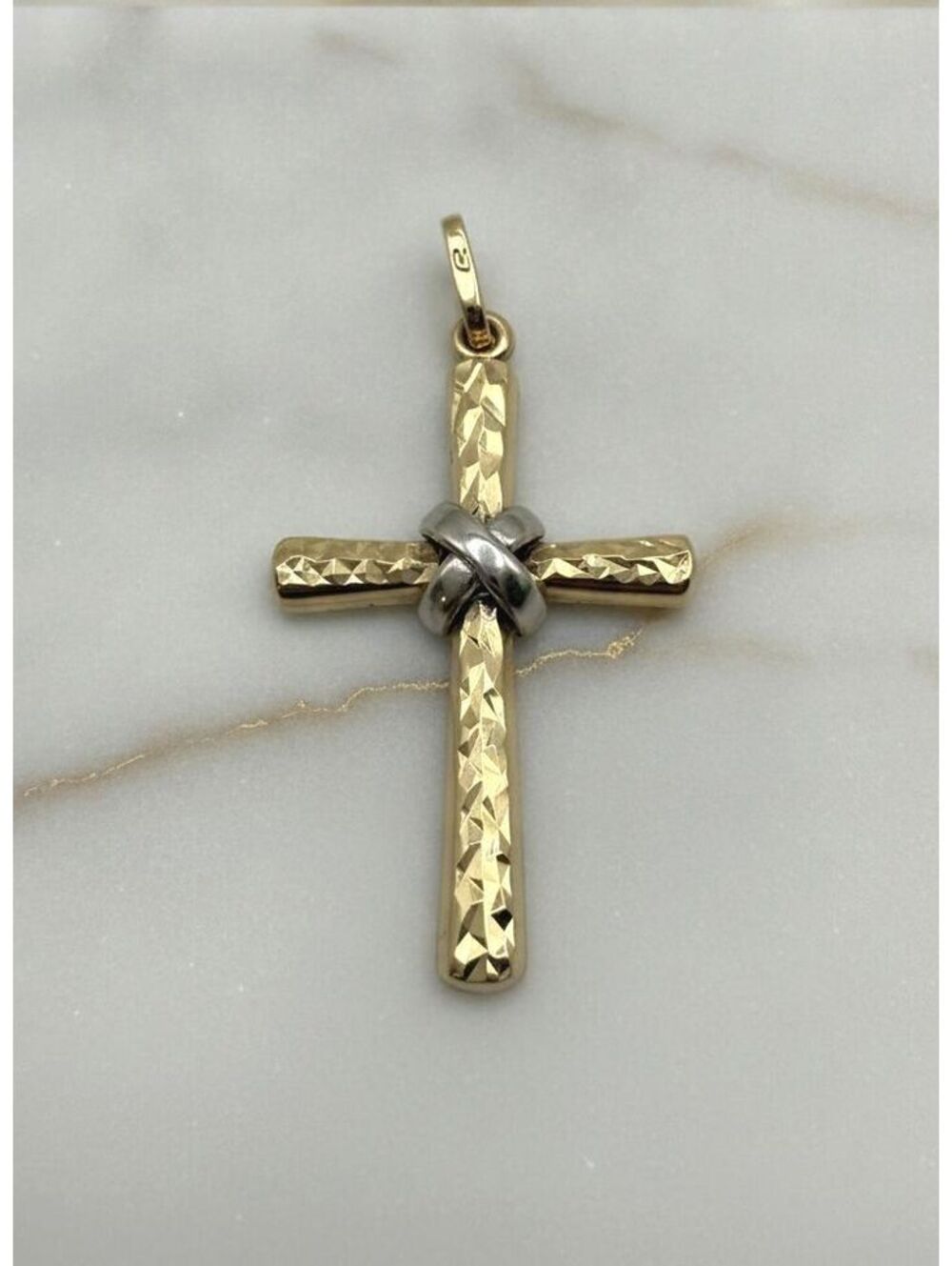 14K Solid Gold Two-Tone Diamond-Cut Cross Pendant, 0.97g